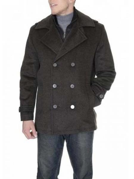  men's Double Breasted Six Button Herringbone Brown Peacoat