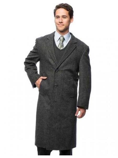  men's Single Breasted  Notch Lapel Herringbone Cashmere  Blend  Grey Top Coat