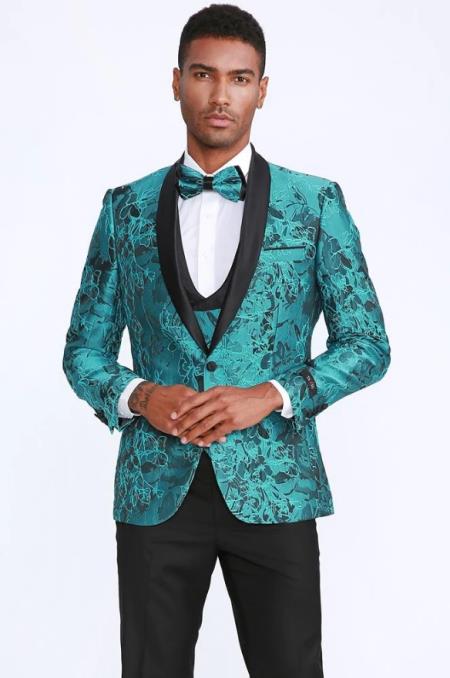 Alberto Nardoni Trendy Unique Prom Blazers Sparkly Floral ~ Flower Two Toned Available Big Sizes Blue ~ Turquoise Tiffany Blue + Matching Bow tie Perfect For Prom Clothe - Prom Outfits For Guys