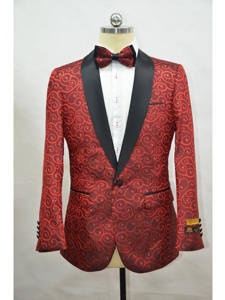  Red And Black Two Toned Paisley Floral Blazer Tuxedo Dinner Jacket Fashion Sport Coat + Matching Bow Tie