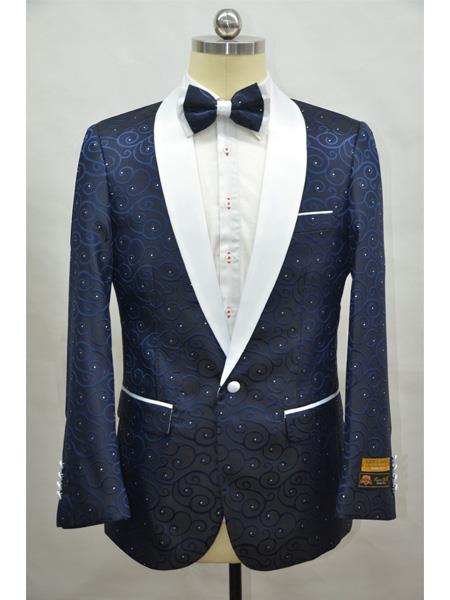  Navy Blue And White Two Toned Paisley Floral Blazer Tuxedo Dinner Jacket Fashion Sport Coat + Matching Bow Tie