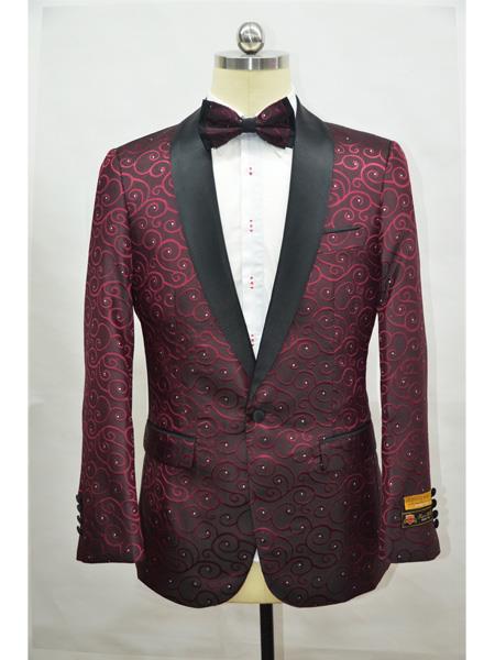 Burgundy ~ Maroon And Black  Two Toned Paisley Floral Blazer Tuxedo Dinner Jacket Fashion Sport Coat + Matching ow Tie