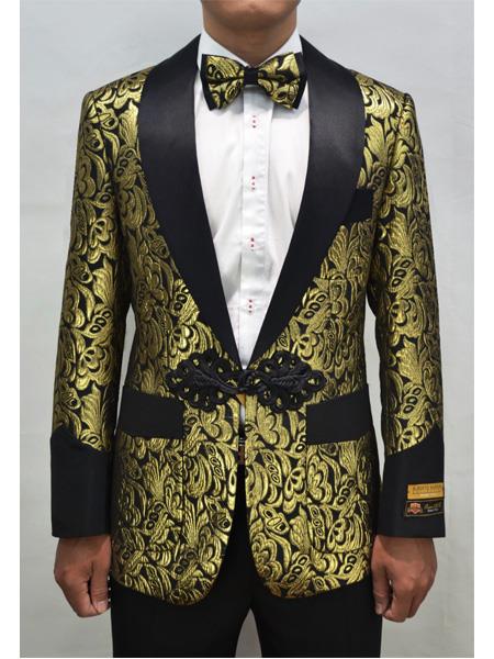  Alberto Nardoni Dinner Smoking Jacket Blazer ~ Suit Jacket  Sport Jacket Paisley ~ Floral ~ Fashion Prom Pattern Gold ~ Black Tuxedo Perfect For Prom Clothe - Prom Outfits For Guys