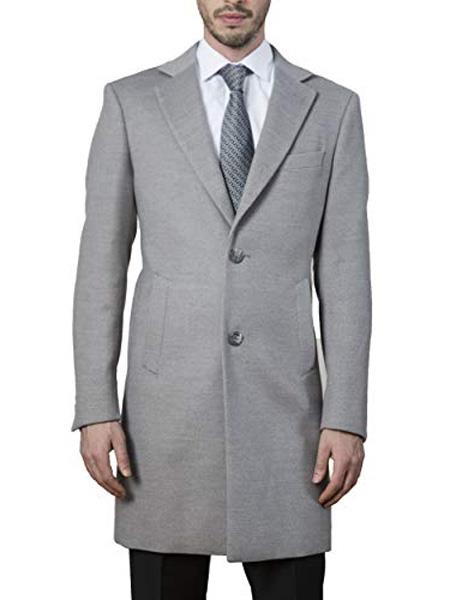 men's Single Breasted Modern Fit Polyester ~ Viscose ~  Spandex Light Grey Topcoat