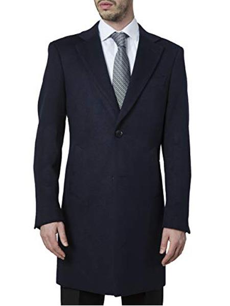 men's Single Breasted Modern Fit Polyester ~ Viscose ~  Spandex Navy Topcoat