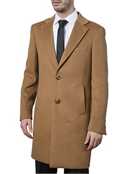men's Single Breasted Modern Fit Polyester ~ Viscose ~  Spandex Camel Topcoat