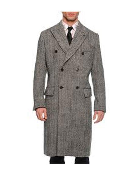  men's Double Breasted Black ~ White Six Button Gray Herringbone Tweed Overcoat