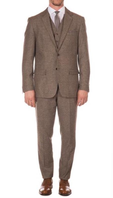 Men's Designer Brand York Brown Slim Fit 3pc Herringbone Suit