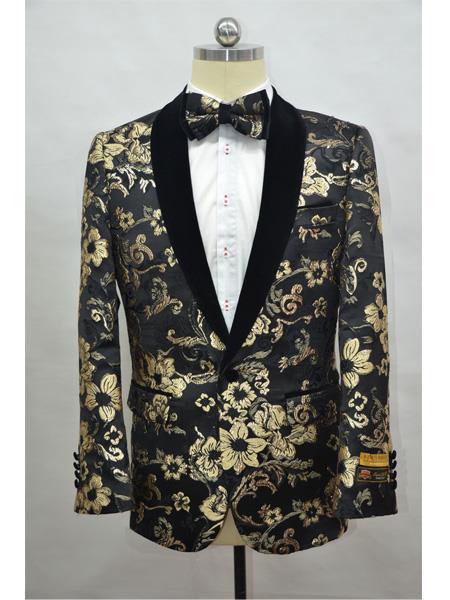 Cheap men's Printed Unique Patterned Print Floral Tuxedo Flower Jacket Prom custom celebrity modern Tux Black - Gold
