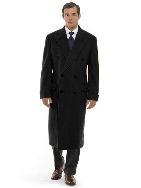  men's 44 Inch Long Length Black Double Breasted Wool Blend Overcoat