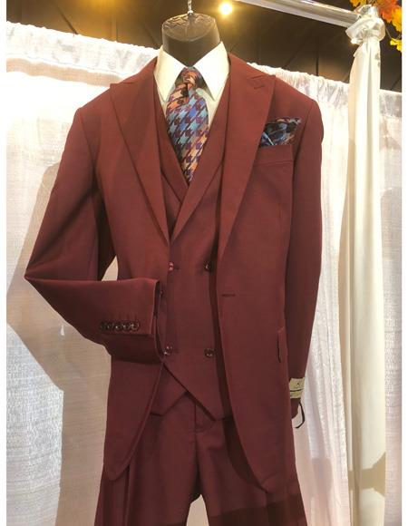 Classic Wool Suit 1 button With Double breasted Vest Pleated Pants Burgundy Maroon suit