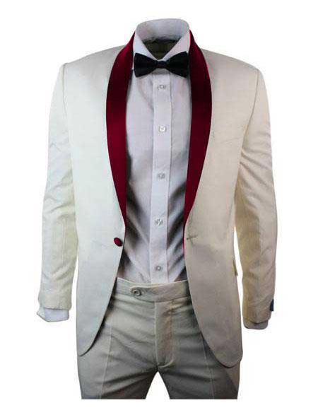  men's Cream ~ Ivory One Button Single Breasted Burgundy Shawl Lapel Blazer