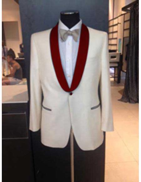  Mens Dinner Jacket Mens Ivory Maroon Shawl Lapel One Button Single Breasted Blazer
