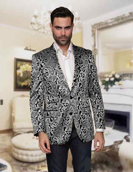 Alberto Nardoni Men's Paisley Floral Tuxedo Shiny Matching Fashion Bow Tie Sport Coat Black and Silver Suit And Black Grey ~ Gray Blazer Free Matching Bowtie