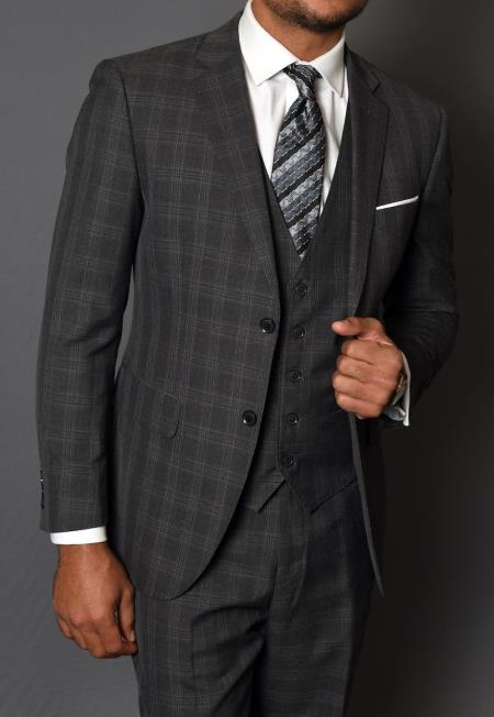 Mens Statement Suit Vested 3 Piece 100% Wool Suit - Windowpane Plaid Texture No Pleated Pants Charco