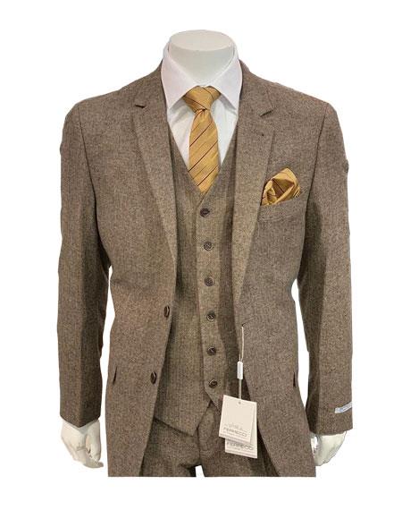 Tweed Herringbone Brown ~ Coffee  Herringbone 2 Button Slim Fitted Tapered Vested Suit Ves