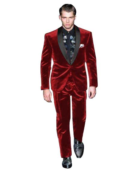 Men's Single Breasted Maroon Suit Shawl Lapel Velvet Fabric Shawl Collar Tuxedo