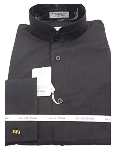  Daniel Ellissa men's Collarless French Cuff Black Shirt