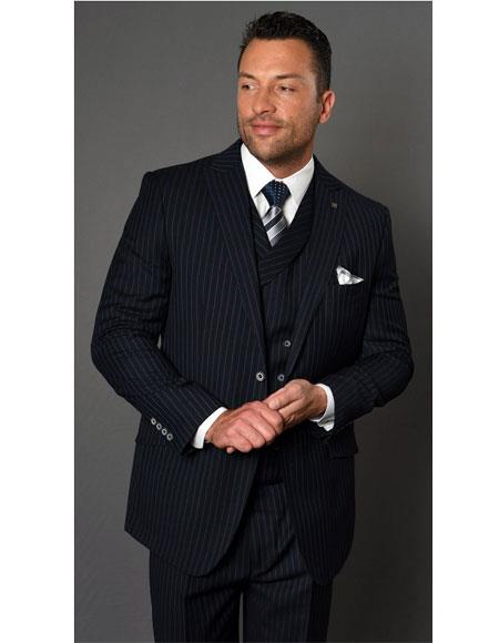 Men's Two Button Single Breasted Striped Pattern Navy Suit
