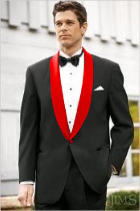 Men's Black Suit Single Breasted Red Shawl Lapel