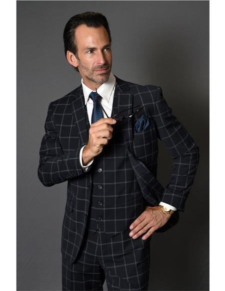 Men's Single Breasted Two Button Checked Pattern Navy Suit