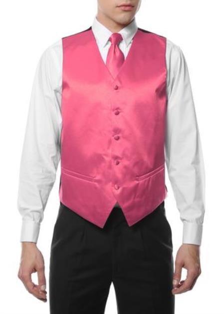 31 Men's 4PC Big and Tall Vest & Tie & Bow Tie and Hankie Dark Pink