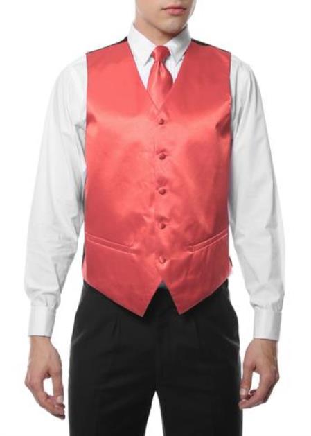 Men's 4PC Big and Tall Vest & Tie & Bow Tie and Hankie Coral
