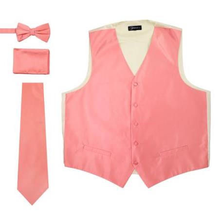 Men's 4PC Big and Tall Vest & Tie & Bow Tie and Hankie Soild Coral
