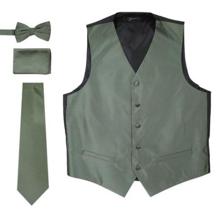 Men's 4PC Big and Tall Vest & Tie & Bow Tie and Hankie Olive Green