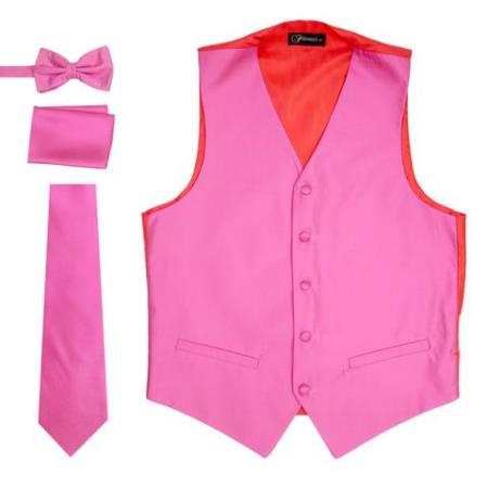 Men's 4PC Big and Tall Vest & Tie & Bow Tie and Hankie Fuchsia Pink