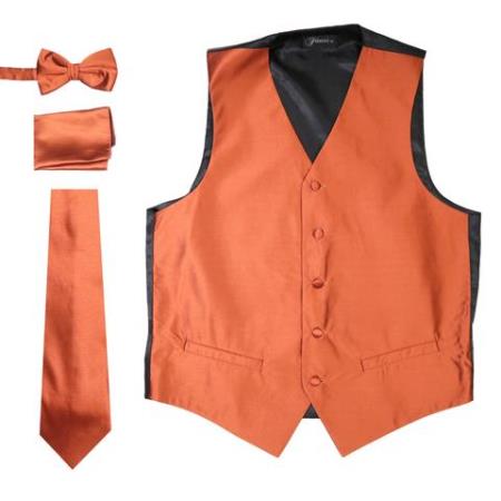 9 Men's 4PC Big and Tall Vest & Tie & Bow Tie and Hankie Solid Rust