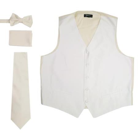 Men's 4PC Big and Tall Vest & Tie & Bow Tie and Hankie Off White