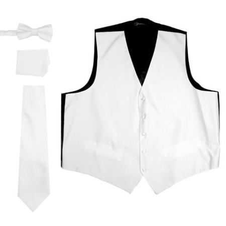 Men's 4PC Big and Tall Vest & Tie & Bow Tie and Hankie White