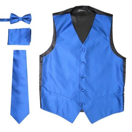 Men's 4PC Big and Tall Vest & Tie & Bow Tie and Hankie Solid Royal