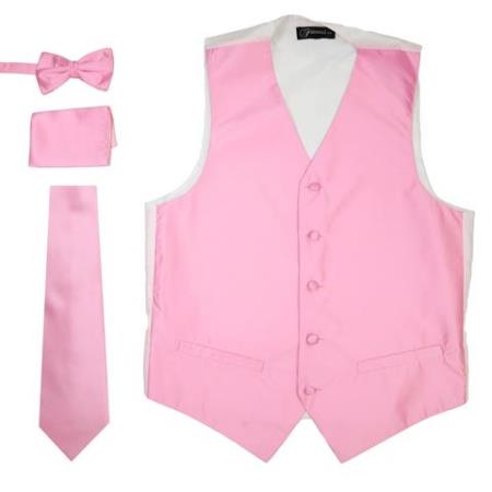 Men's 4PC Big and Tall Vest & Tie & Bow Tie and Hankie Solid Pink