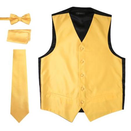 Men's 4PC Big and Tall Vest & Tie & Bow Tie and Hankie Solid Gold