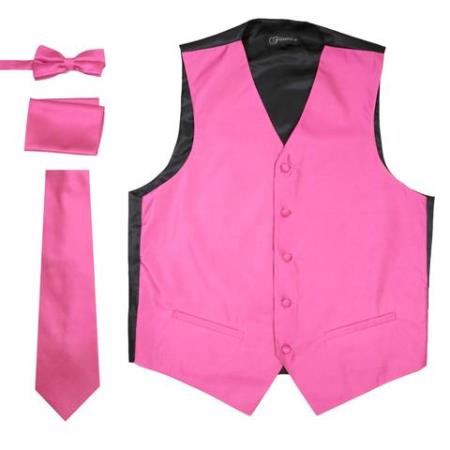 Men's 4PC Big and Tall Vest & Tie & Bow Tie and Hankie Solid Fuchsia