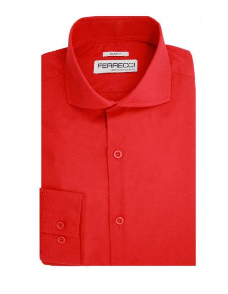 Spread Collar Slim Fit Dress Shirt Cotton Red