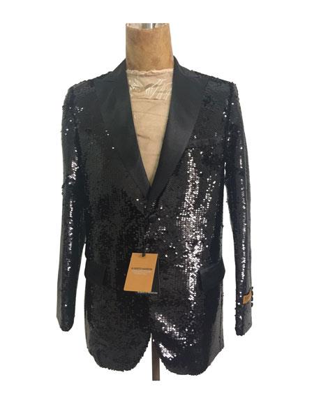 Men's One Button Single Breasted Black Sequin Blazer - Sequin Tuxedo - Dinner Jacket