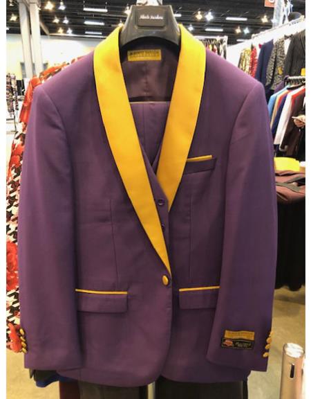 Purple and Gold Tuxedo Vested 3 Piece Suit
