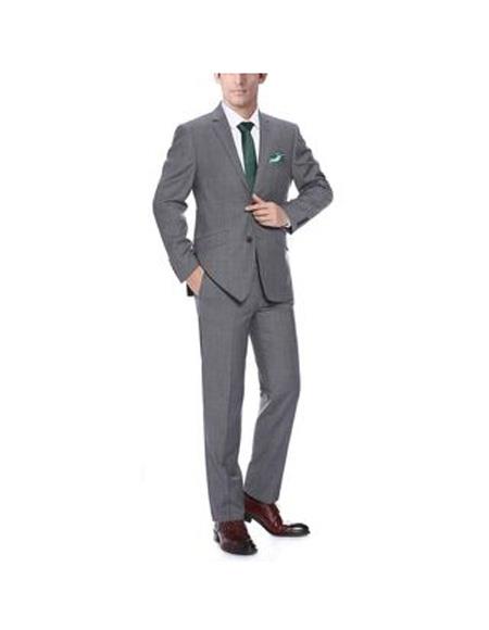 Renoir Suits - Renoir Fashion Mens Dark Grey Flap Two Pockets Notch Lapel Wool Slim-Fit 2-Piece Suit
