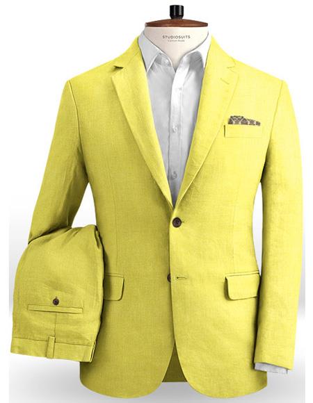 Mens Suit - Mens Single Breasted Safari Yellow Two Button / Beach Wedding Attire For Groom-Mens Linen Suit