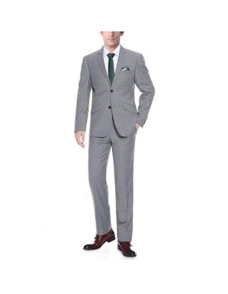 Renoir Suits - Renoir Fashion Mens Grey Two Buttons Notch Lapel Wool Slim Fit Two Piece Suit