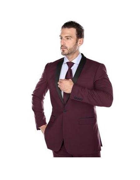 Renoir Suits - Renoir Fashion Mens Single breasted shawl Lapel Slim Fit Polyester Suit In Burgundy