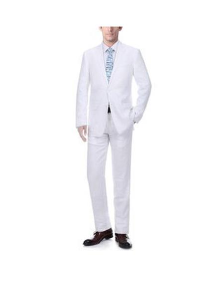 Renoir Suits - Renoir Fashion Mens White Notch Lapel Solid Pattern Classic Fit Linen Suit - men's All White Linen Suit