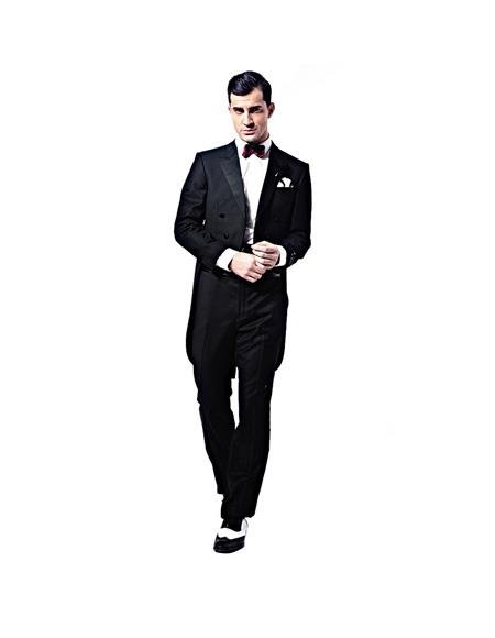 Renoir Suits - Renoir Fashion Verno Mens Double Breasted Peak Lapel Black Full Dress 2-Piece Tuxedo