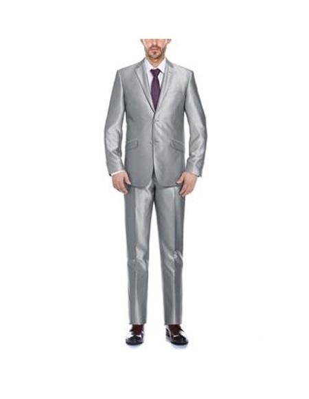 Renoir Suits - Renoir Fashion Verno  Cavallo Men's Silver Notch Lapel Solid Pattern Slim Fit Polyester Suit