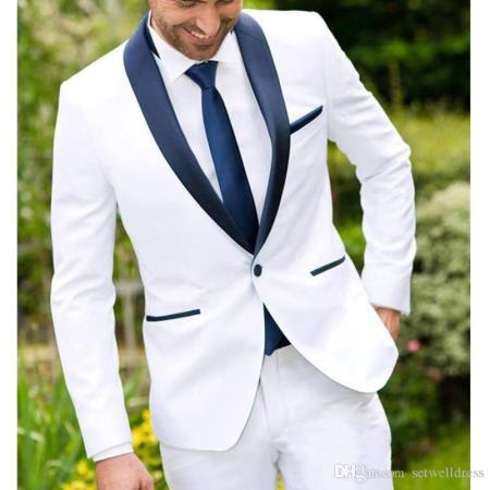 Men's White and Navy Blue Tuxedo Jacket & Pants & Vest $199