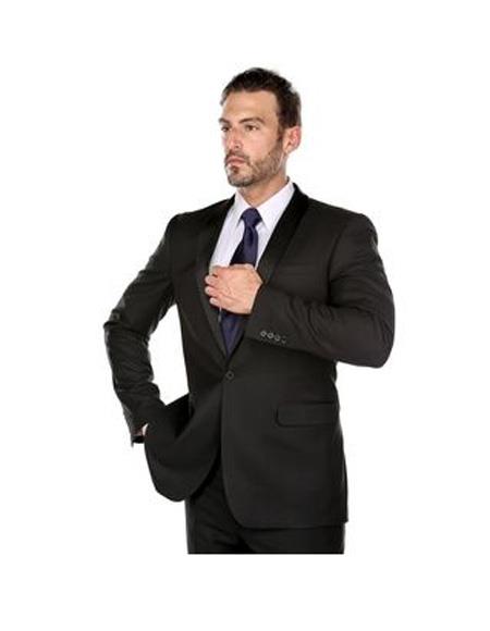 Renoir Suits - Renoir Fashion Verno  Men's Black Single Breasted Shawl Lapel Solid Pattern Slim Fit Polyester Suit