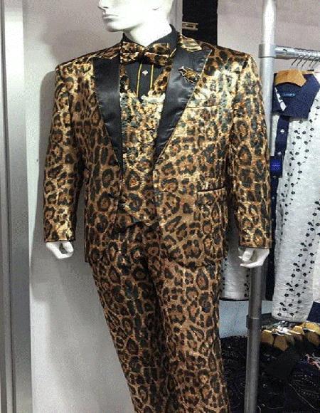 Tan Tuxedo - Khaki Tuxedo Mens Animal Print Exotic Skin Leopard Tuxedo Vested Suit Brown ~ Tan